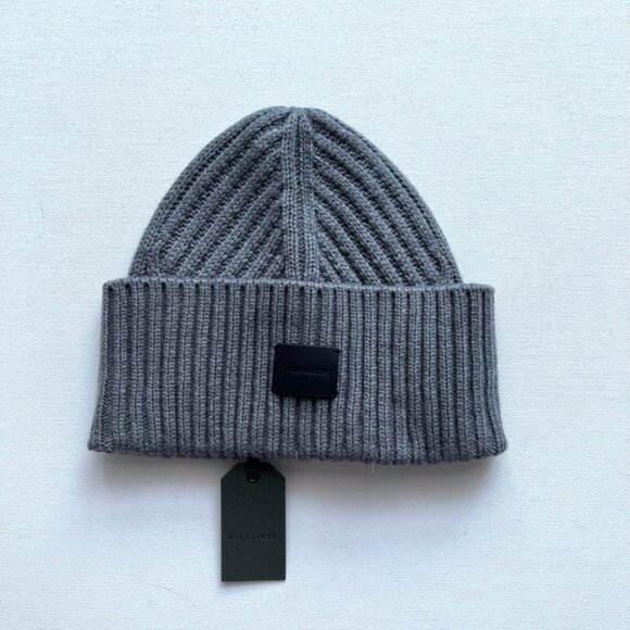 ALLSAINTS Travelling Rib Cuff Patch Beanie Hat Grey Marl